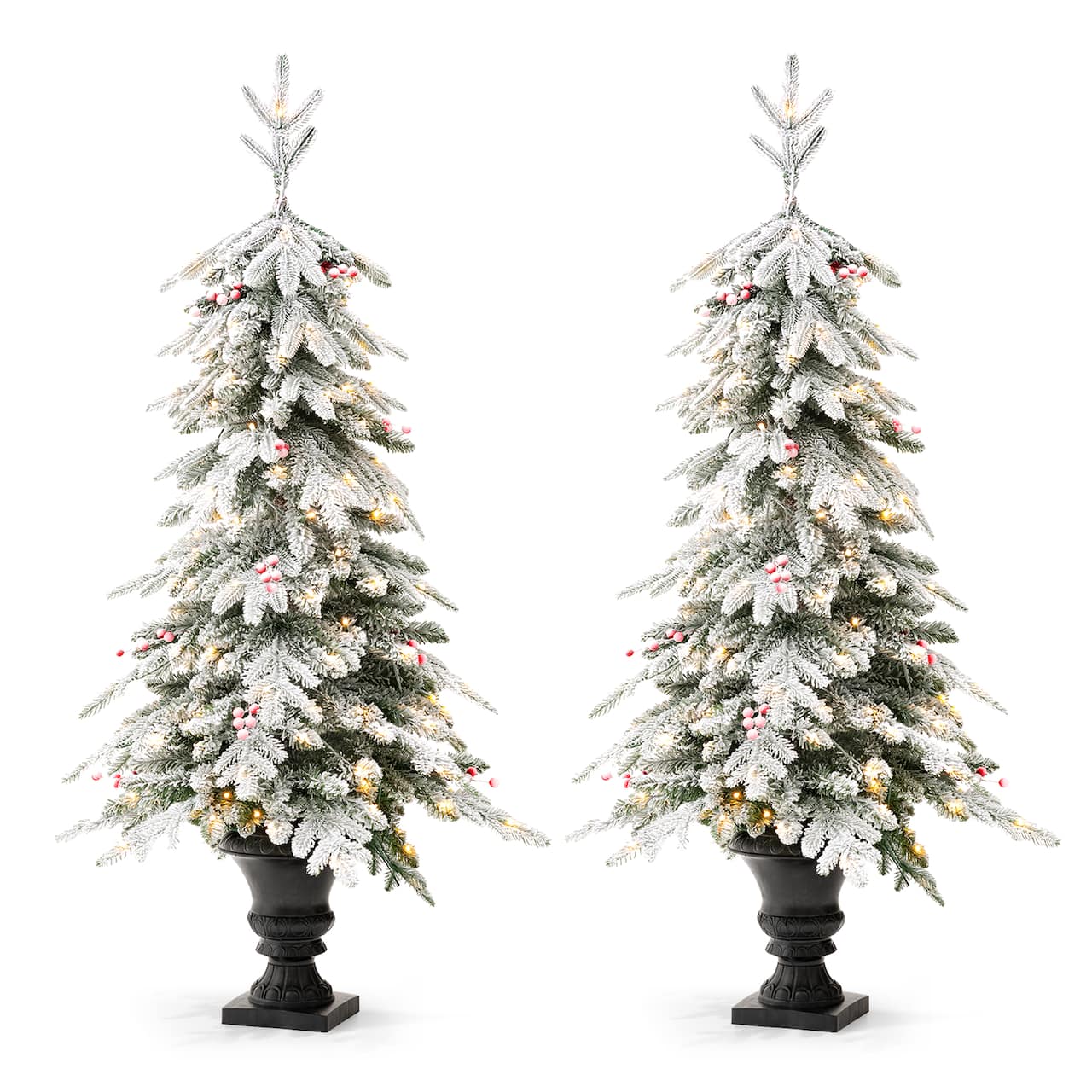 2 Pack 5ft. Pre-Lit Flocked Fir Artificial Christmas Porch Tree in Planter, Warm White Lights
